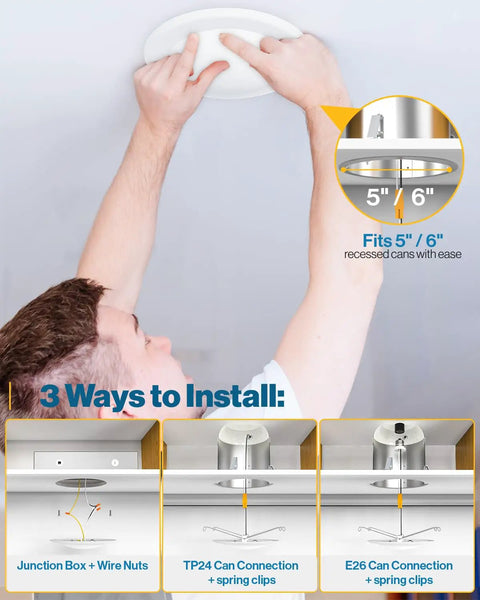 Installing 6 Inch Flush Mount LED Disk Lights Recessed Can Lighting Dimmable 15W 75W Equivalent 1050 Lumen 5000K Daylight CRI 90