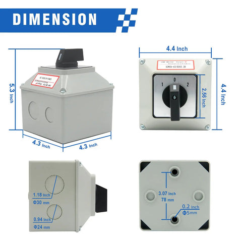 Dimensions of Beefy 63A Rotary Changeover Switch With Master Box Exterior Enclosure 660V 3 Position 2 Pole 8 Terminal Cam Switch