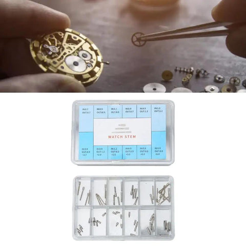 60 Piece Silver Stainless Steel Watch Winding Stem Extender Kit With Storage Box for watch repairs visible in tray