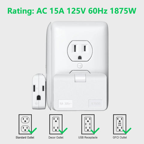 Swivel Wall Adapter Converts Two Prong To Three Prong With Polarized Grounding And Flat Straight Plug Design, showing compact design and outlet types.