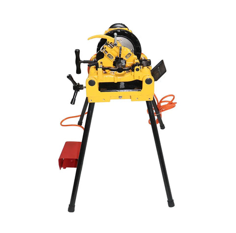 Steel Dragon Tools 300 Compact Pipe Threader Machine With Self Opening Die Head And Two Dies, front view, durable yellow design, portable for pipe work.