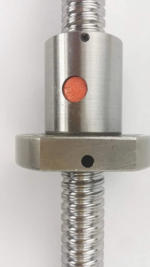 Close-up of SFU1204 ball screw with RM1204 nut, 12 mm diameter, silver metal.