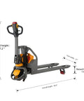 Heavy Duty Electric Pallet Jack Loader With 3300 Lbs Capacity, Zero Maintenance Brushless Motor, And Powerful 48V Battery side view with dimensions