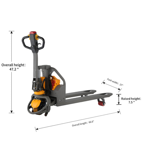 Heavy Duty Electric Pallet Jack Loader With 3300 Lbs Capacity, Zero Maintenance Brushless Motor, And Powerful 48V Battery side view with dimensions
