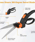 Grass shears with 360-degree swivel blades, 12.8-inch length, black handle, orange rotating blade lock, and safety lock.