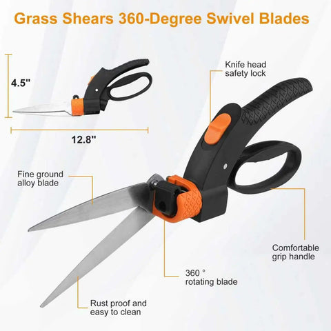 Grass shears with 360-degree swivel blades, 12.8-inch length, black handle, orange rotating blade lock, and safety lock.