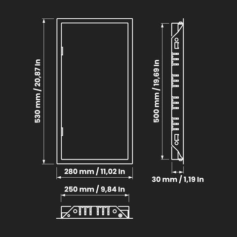Dimensions illustration of Rock Solid Galvanized Steel Access Panel For Drywall 10X20 Inch with measurements shown.