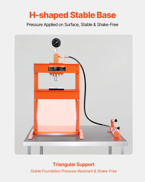 H-shaped stable base of 10 Ton H-Frame Hydraulic Shop Press With Plate And Base on a workbench, designed for stability and safety.
