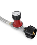Propane regulator with 48-inch stainless braided hose, red body, black knob and 3/8 female flare swivel fitting