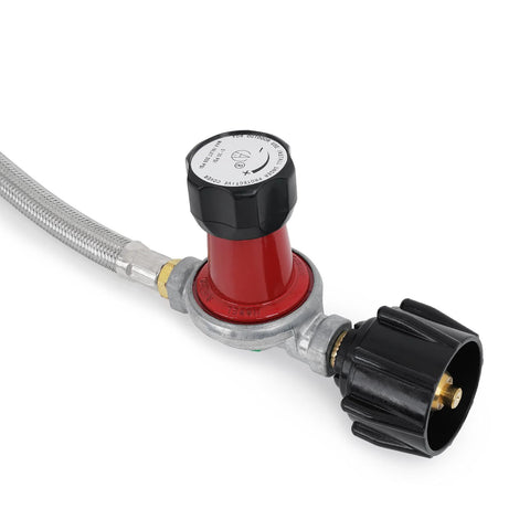 Propane regulator with 48-inch stainless braided hose, red body, black knob and 3/8 female flare swivel fitting