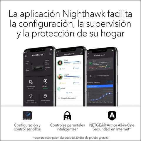 Three smartphones displaying Nighthawk app interface for Tri Band WiFi 6E Router With 6GHz Band For Ultra Fast Gaming And 4K 8K Streaming.