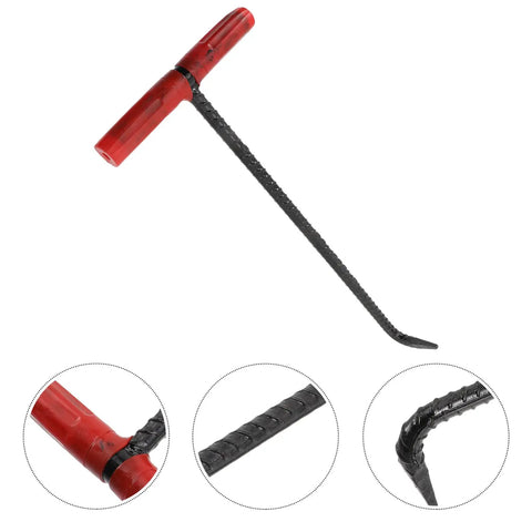 Heavy Duty Steel Manhole Cover Opener With Solid T Handle Grip Rust Resistant Multi Purpose Pull Lifter Hook For Sewer Lid Snagging And Jobsite Hauls No Sweat Tradesman Gear, close-up of T handle and gripping section.
