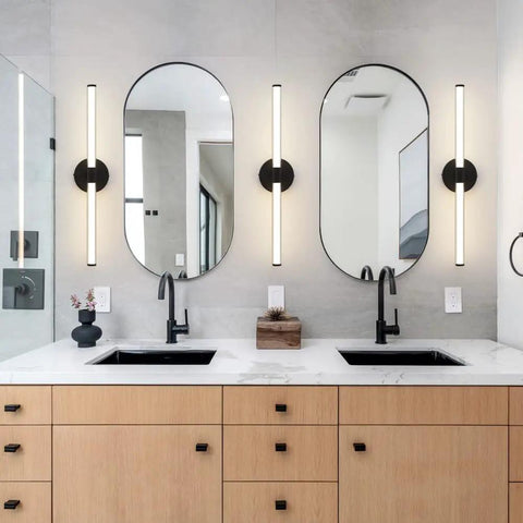 Modern Black LED Bathroom Vanity Light Fixture Wall Sconce 24 Inch 20W 4000K Soft White beside bathroom mirrors