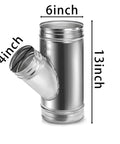 Straight Up Heavy Duty 6 To 4 Inch Branch Y Shaped Ducting Connector Featuring 45 Degree Galvanized Splitter and 3 Way Dust Collection Fitting for Smooth Exhaust Fan Venting Job, 6 inch and 4 inch measurements.