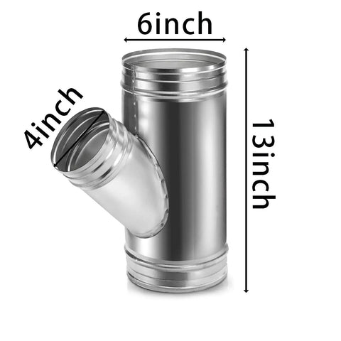 Straight Up Heavy Duty 6 To 4 Inch Branch Y Shaped Ducting Connector Featuring 45 Degree Galvanized Splitter and 3 Way Dust Collection Fitting for Smooth Exhaust Fan Venting Job, 6 inch and 4 inch measurements.