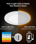 Visual guide for No Sweat 4 Pack Of 6 Inch Ic Rated Led Recessed Can Lights with adjustable light color and night light mode.