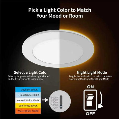 Visual guide for No Sweat 4 Pack Of 6 Inch Ic Rated Led Recessed Can Lights with adjustable light color and night light mode.