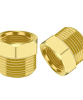 Two brass NPT reducer adapters, 1/2-inch male to 1/4-inch female, hex-bodied pipe fittings, shown from front and side