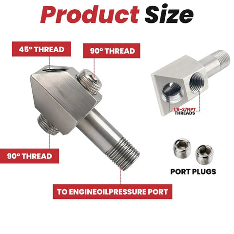 Stainless Steel Oil Pressure Sensor Thread Adapter 1/8-27 NPT Dual Port Kit For Chevy GM Small Block 305 350 Engines