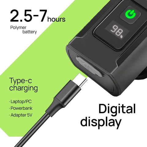Digital display and USB-C charging for Front And Back Bike Light Kit R15 USB C Rechargeable Auto Brake Sensing 500 Lumen Waterproof Headlight And Tail Light For Night Riding And Long Battery Life Safety.
