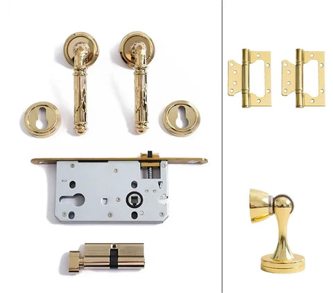 Bright Gold Brass Door Lock Set For Bedroom And Interior Doors With Solid Hardware Double Wood Lever Handle 72mm Spacing