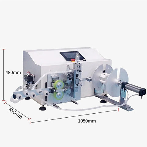 Heavy Hitter Automatic Cable Winding Reel With Digital Meter Counter and Precision Cutting Touchscreen for Fiber Optic Power and Data Cords, shown in machine view.