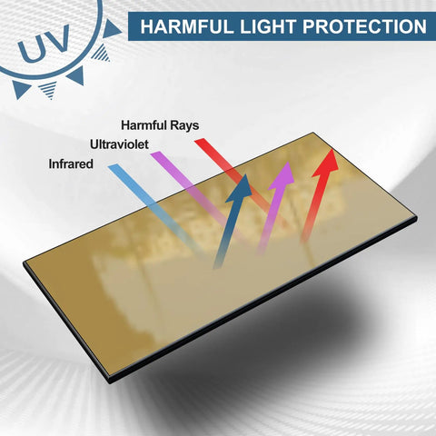 Shade 11 Gold Hardened Glass Welding Lens Filter Plates 2 By 4.25 Inch 5 Pack For Weld Pros HD Glass Welding Helmet Lenses, showing UV protection