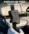 Golf Rangefinder With Slope And Magnetic Stripe attached to cart bar, shown with gloved hand in golf cart