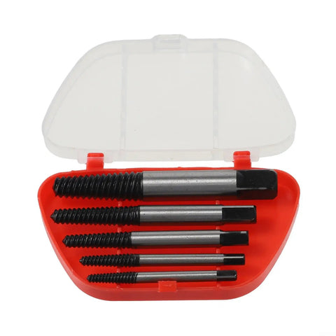 Pro 5-Piece Screw Extractor Set For Tough Jobs Pulling Stripped Bolts And Nuts Easy With Hardened Carbon Steel Reverse Drill Bits In Sturdy Case 3mm To 18mm Fit open case with five screw extractors