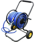 Heavy Duty Garden Hose Reel Cart With Smooth Rolling Wheels, ergonomic design, sturdy frame, blue hose, ample storage.