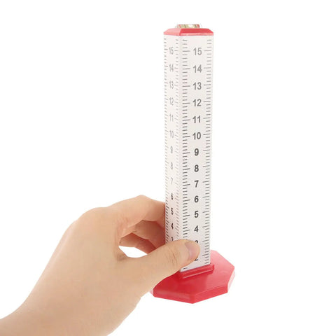 Hand holding Dual Function Tile Contour Gauge And Ruler Level Tool with red base and ruler, high precision measuring