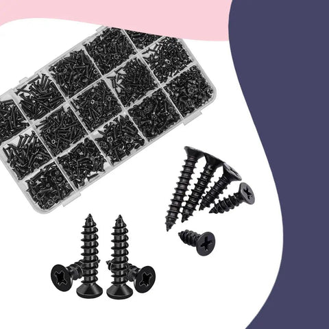Heavy Hitter 1200 Piece Black Phillips Flat Head Self Tapping Screw Set M2 M2.6 M3 in storage tray with assorted screws.