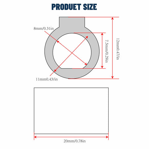 Diagram showing dimensions of NMRV030 RV30 Shaft Sleeve Adapter for 8mm motor shaft to 11mm bore with measurements.
