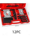 Adjustable Puller Set 14 Piece Separator And Bearing Splitter Kit in durable red box, shown with size measurements.