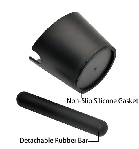 5 Inch Coffee Knock Box With Longer Detachable Knocking Rod, showing non-slip silicone gasket and detachable rubber bar.