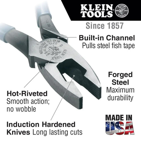 Close-up of Klein Tools pliers highlighting forged steel, hot-riveted joints, induction hardened knives, and built-in fish tape channel.