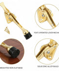 Gold foot pedal door stop with weighted base, solid zinc alloy build, fits standard interior doors, and ensures hands-free entry.