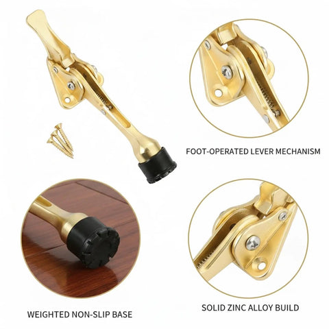 Gold foot pedal door stop with weighted base, solid zinc alloy build, fits standard interior doors, and ensures hands-free entry.