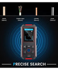 Top Tier Wall Stud Finder And Straight Up Reliable Metal Scanner Featuring Laser Rangefinder And Integrated Digital Level For No Sweat Live Wire Detection Plus Copper Pipe Scan on a dark background displaying detection capabilities.
