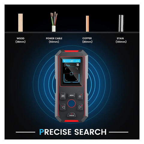 Top Tier Wall Stud Finder And Straight Up Reliable Metal Scanner Featuring Laser Rangefinder And Integrated Digital Level For No Sweat Live Wire Detection Plus Copper Pipe Scan on a dark background displaying detection capabilities.