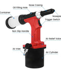 Heavy-Duty Pneumatic Rivet Gun S70 with air inlet, non-slip handle, and nail container for 4, 5, and 6.4 millimeter rivets.