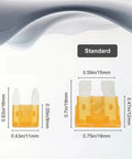 Dimensions of standard fuses in Massive 1200 Piece Car Fuse Kit With 520 Standard Fuses And 680 Sized Fuses Plus 1 Puller Color Coded