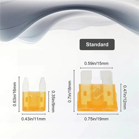 Dimensions of standard fuses in Massive 1200 Piece Car Fuse Kit With 520 Standard Fuses And 680 Sized Fuses Plus 1 Puller Color Coded