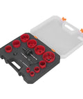 Super Cool Universal Hole Saw Set Cutting 3 To 2.5 Inch For Metal Wood And Plastic With Durable Hss Blades Fast Install No Tools And Handy Storage Box That Is Totally Rad For Any Home Repair Project. Hole saw kit in case with red cutter bits and drill arbor