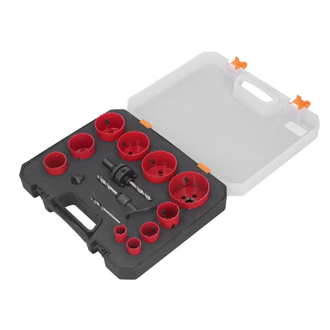 Super Cool Universal Hole Saw Set Cutting 3 To 2.5 Inch For Metal Wood And Plastic With Durable Hss Blades Fast Install No Tools And Handy Storage Box That Is Totally Rad For Any Home Repair Project. Hole saw kit in case with red cutter bits and drill arbor