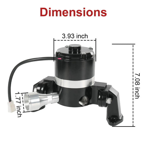 Dimensions of Professional Grade Superior Plug And Play Replacement Small Block Electric Water Pump For Chevy Sbc. Size 7.08" x 3.93" x 1.77".
