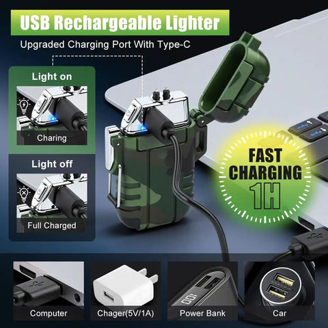 USB C Rechargeable Plasma Lighter with windproof flameless arc in camouflage, charging via Type-C cable, IP56 waterproof
