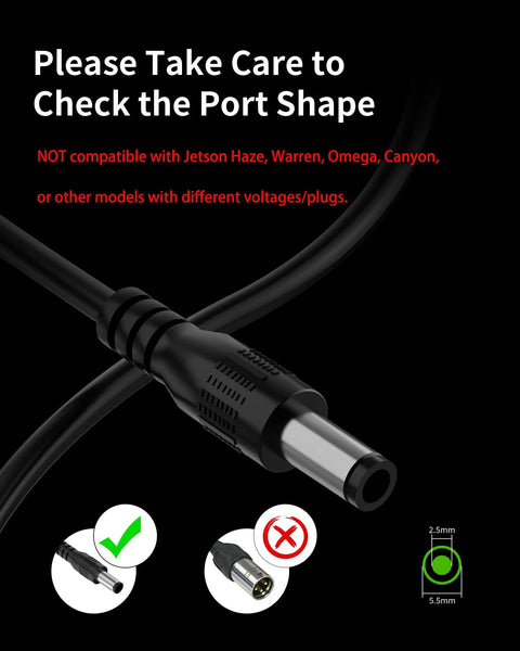Close-up of 5.5x2.5mm barrel plug for 42V DC Charger For Jetson Electric Bikes And Scooters, 100-240V AC Input, 2A Max Output