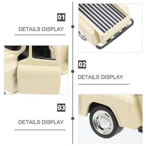 Close-up of beige small off road pickup truck model toy figure for kids and collectors, realistic 4.92 inch mini car figurine parts.