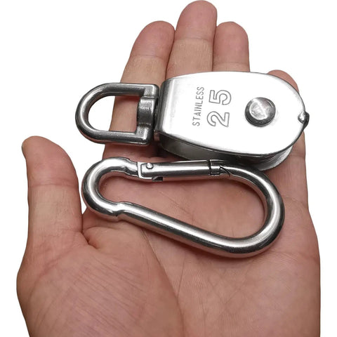 Heavy Duty Stainless Steel M25 Single Pulley Block Set With Spring Snap Hook For Lifting And Rigging, One Inch Sheave Pulley Wheel, Swivel Snatch Pulley Block, 330 Lbs Load Capacity, Anti Rust And Wear Resistant, 2 Pack shown in hand